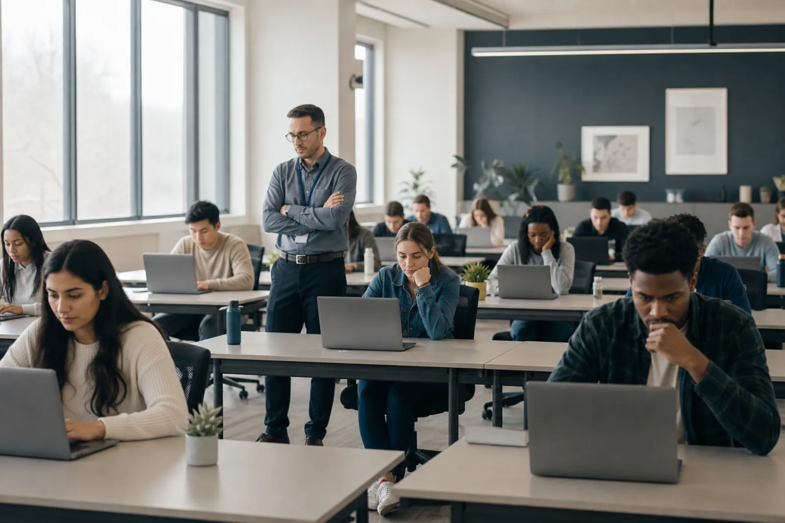 Students completing an online entrance exam in a supervised computer room
