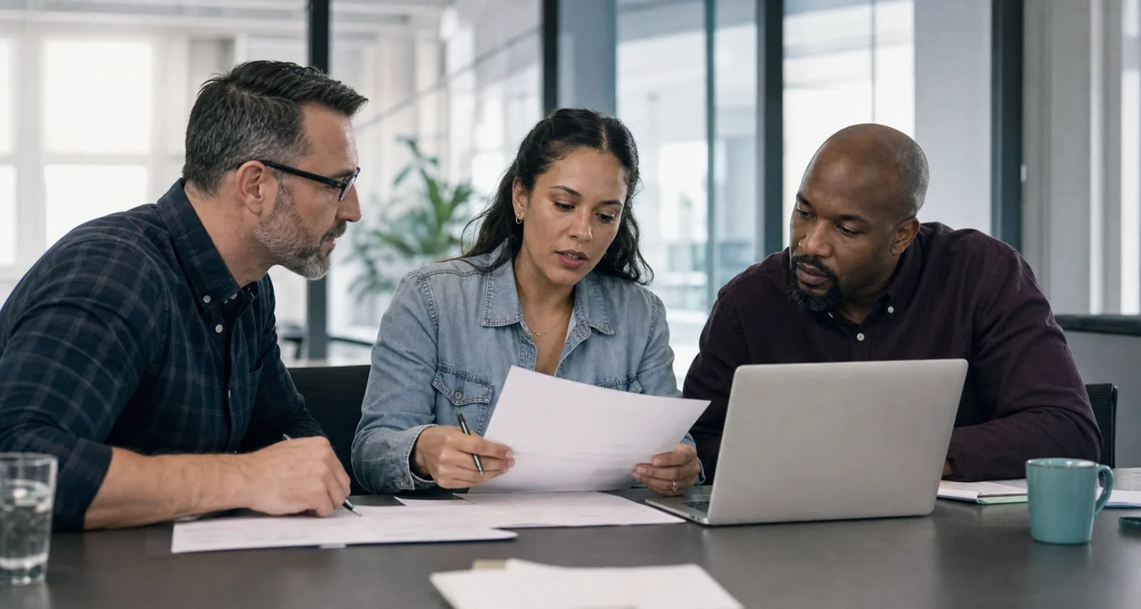 Hiring team reviewing assessment results together at a desk